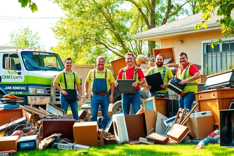 Efficient junk removal services by CKM Experts, showcasing a team clearing unwanted items in a residential yard.