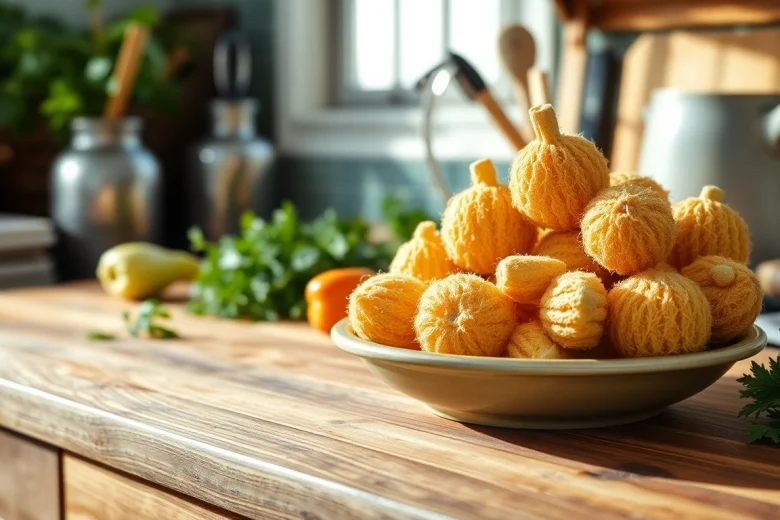 Highlighting kitchen loofah benefits through vibrant kitchen loofahs arranged with cooking herbs.