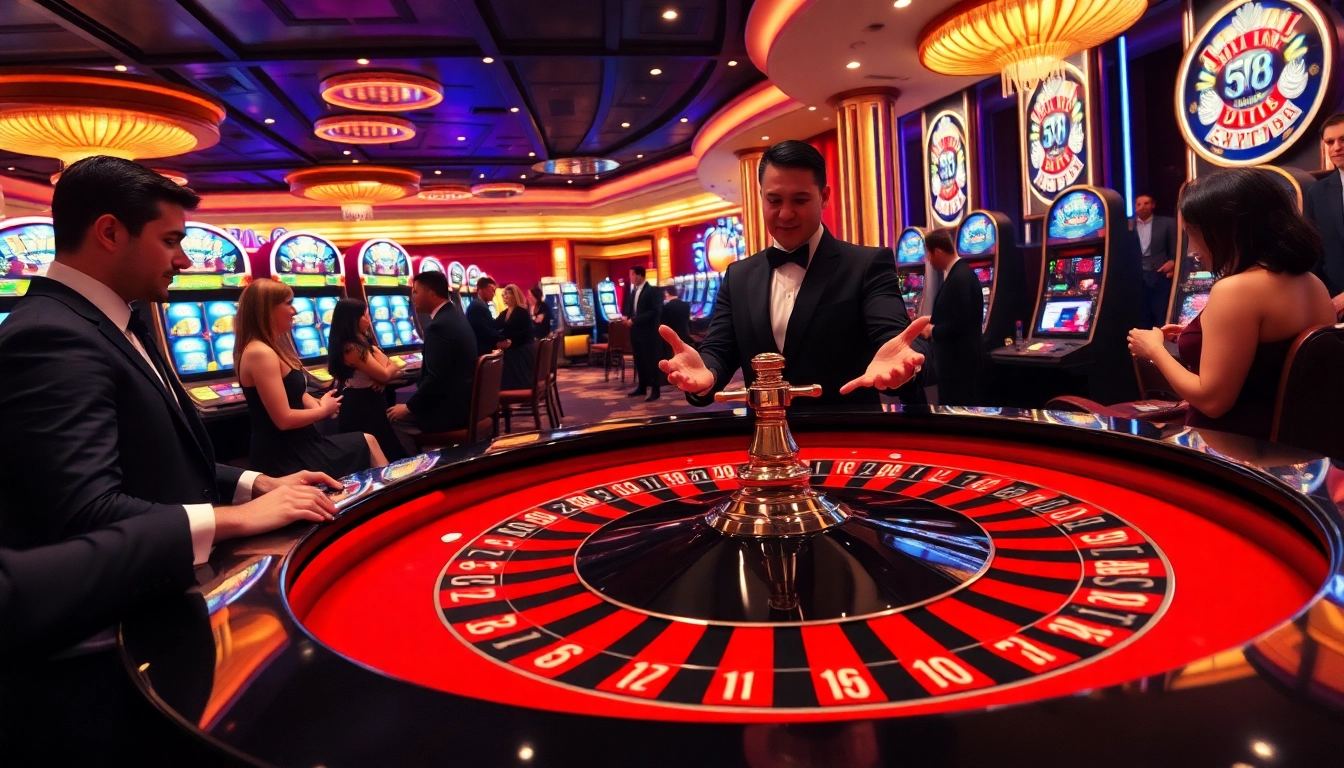 Players engaging at the kp88 casino roulette table, capturing the thrill and luxury of online gambling.