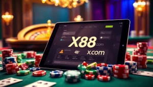 Experience thrilling online gaming at xx88 com with an exciting casino setup featuring poker chips and a glowing roulette wheel.