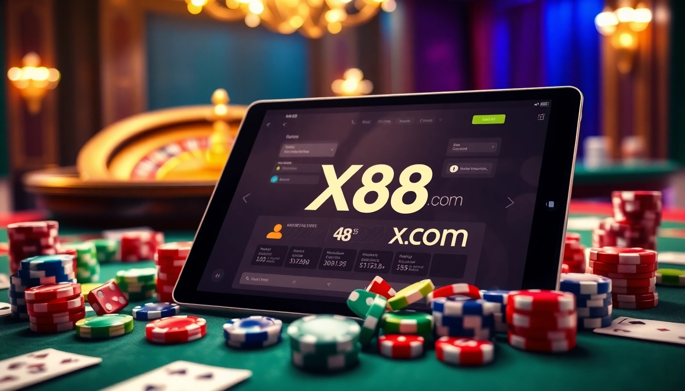 Experience thrilling online gaming at xx88 com with an exciting casino setup featuring poker chips and a glowing roulette wheel.