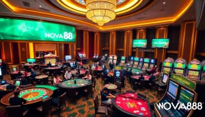 NOVA88 players enjoying an exciting game at a luxurious casino with vibrant tables and slot machines.