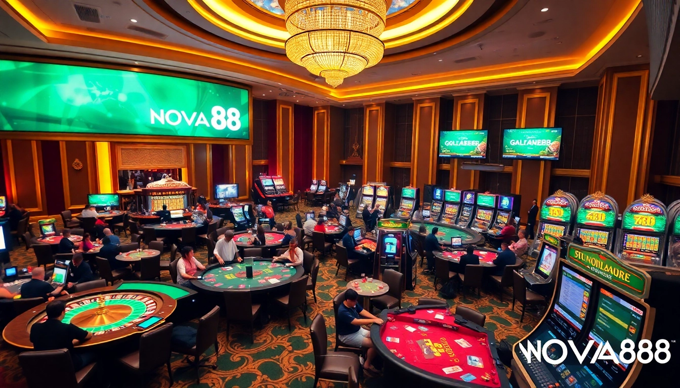 NOVA88 players enjoying an exciting game at a luxurious casino with vibrant tables and slot machines.