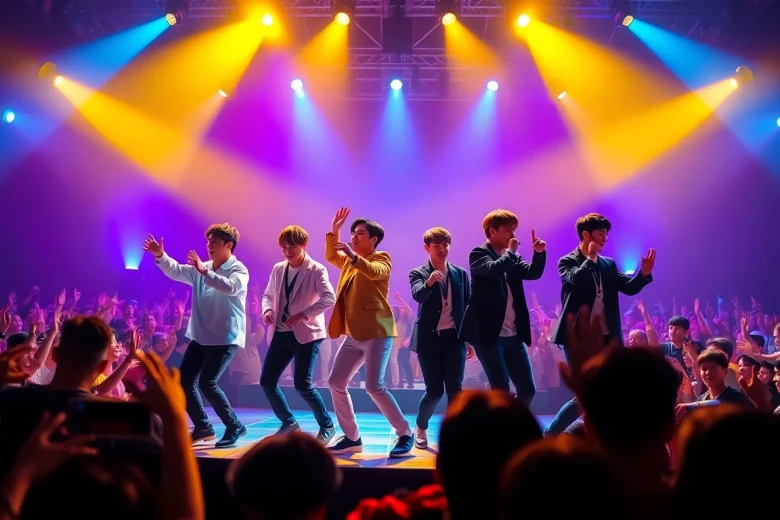 Buzzing concert scene showcasing BTS in an energetic performance while capturing the latest bts news.