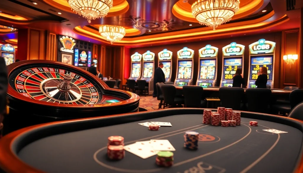 Experience the thrill of winning at LC 88 casino with vibrant roulette and blackjack tables illuminated in luxury.