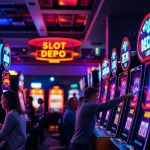 Menang di slot depo 1000, pemain merayakan jackpot di kasino dengan mesin slot yang bersinar.