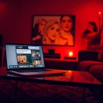Engaging NSFW roleplay scene with chat interface in an inviting room setting.