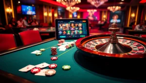 Players enjoying the excitement at LV88 casino with poker chips and roulette wheel.