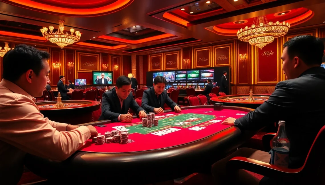 Tobet88's exciting poker scene featuring players, chips, and a dealer at a vibrant casino table.