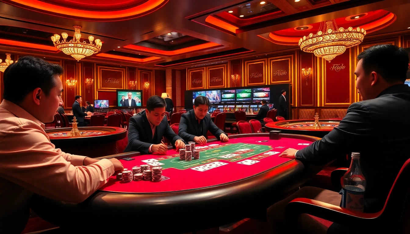 Tobet88's exciting poker scene featuring players, chips, and a dealer at a vibrant casino table.