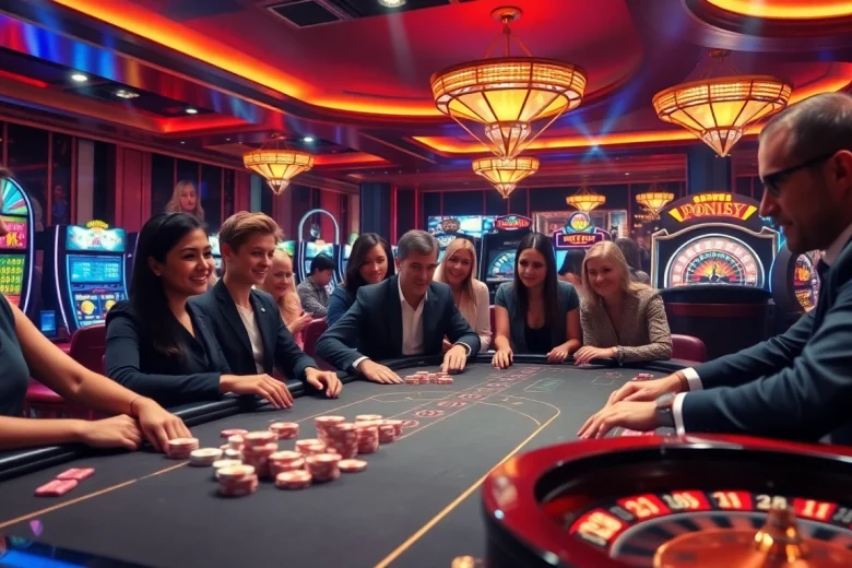 Engaged players making bets at a luxurious casino table with a depo 5k minimum, showcasing excitement and anticipation.