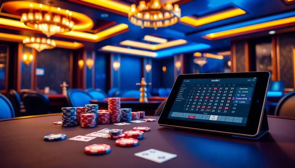 Experience sbobet link alternatif with vibrant gaming tables and online betting interfaces in a luxurious casino setting.