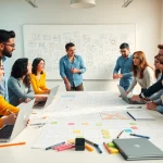 Team collaborating on creative concept development with vibrant ideas and sketches during a brainstorming session.