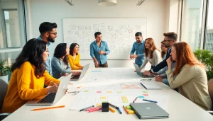 Team collaborating on creative concept development with vibrant ideas and sketches during a brainstorming session.