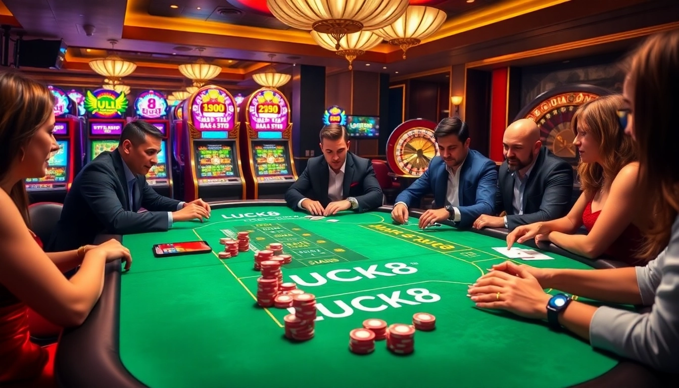 Trải nghiệm sự hứng khởi của LUCK8 trong một cảnh casino sôi động với các game thủ đang tham gia tại bàn cược.