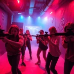Groups of players experiencing Laser tag in a vibrant neon-lit arena filled with obstacles.