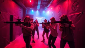 Groups of players experiencing Laser tag in a vibrant neon-lit arena filled with obstacles.