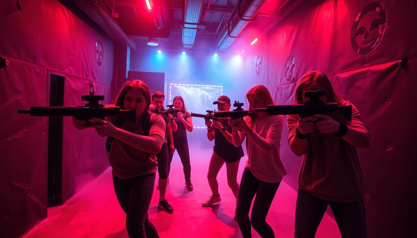 Groups of players experiencing Laser tag in a vibrant neon-lit arena filled with obstacles.