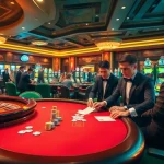 Players enjoying exciting casino games at NK88-inspired poker and roulette tables in a luxurious setting.