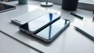 Samsung Galaxy S8 smartphone showcased in a modern workspace, highlighting its advanced design and vibrant display.