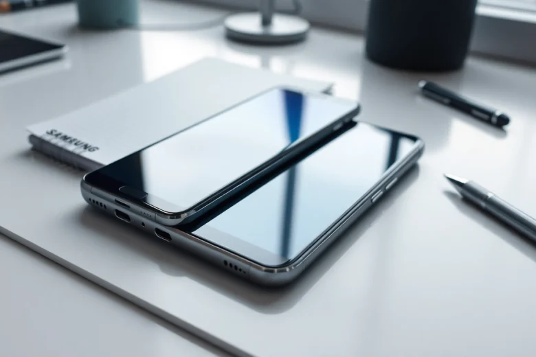 Samsung Galaxy S8 smartphone showcased in a modern workspace, highlighting its advanced design and vibrant display.