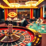 Engage in แทงบอลโลก excitement at a luxurious casino with vibrant roulette wheels and intense poker players.