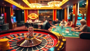 Engage in แทงบอลโลก excitement at a luxurious casino with vibrant roulette wheels and intense poker players.