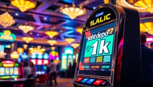 Menyenangkan pengalaman slot depo 1k dengan mesin slot berwarna-warni di kasino.