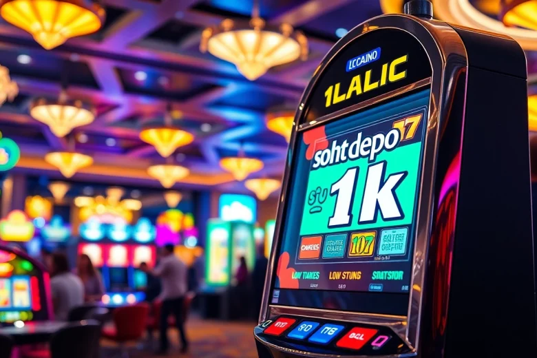 Menyenangkan pengalaman slot depo 1k dengan mesin slot berwarna-warni di kasino.