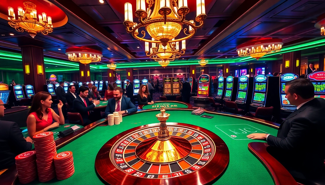 KJC players celebrating wins at a luxury casino with roulette and poker games.