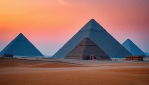 Captivating view of piraminds against a twilight sky, showcasing their grandeur and intricate details.