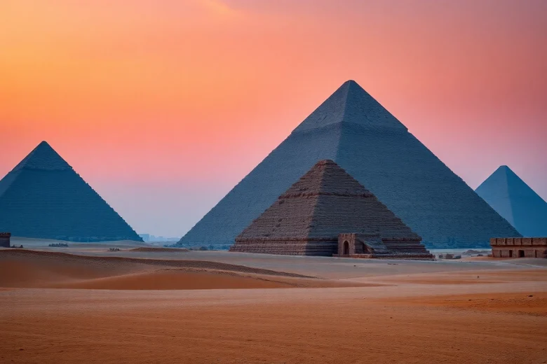 Captivating view of piraminds against a twilight sky, showcasing their grandeur and intricate details.