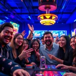 LAGAGAME77 players celebrating recent game wins with excitement and camaraderie in a vibrant gaming environment.