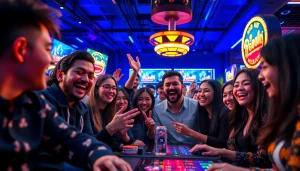 LAGAGAME77 players celebrating recent game wins with excitement and camaraderie in a vibrant gaming environment.