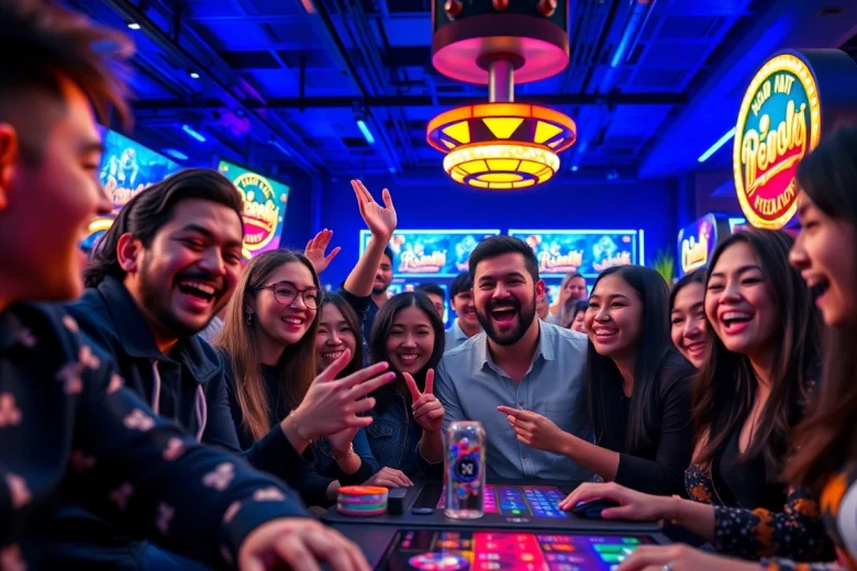 LAGAGAME77 players celebrating recent game wins with excitement and camaraderie in a vibrant gaming environment.