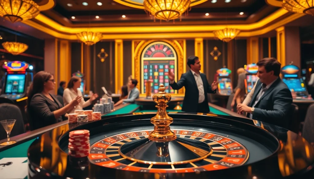 Sbobet interface displaying vibrant gambling activities around a roulette table and poker chips.