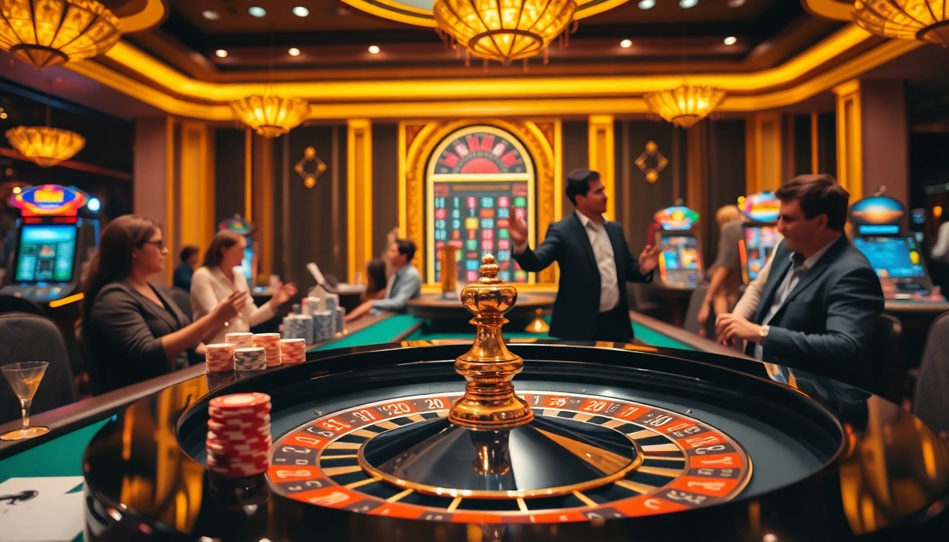 Sbobet interface displaying vibrant gambling activities around a roulette table and poker chips.