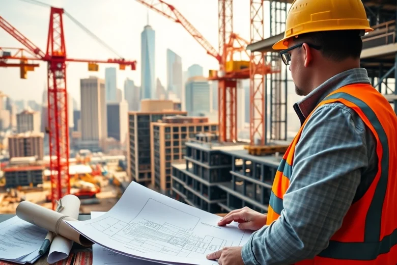 Manhattan General Contractor managing a vibrant construction site with cranes and workers efficiently.