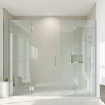 Showcase elegant frameless glass shower enclosure highlighting modern bathroom design.