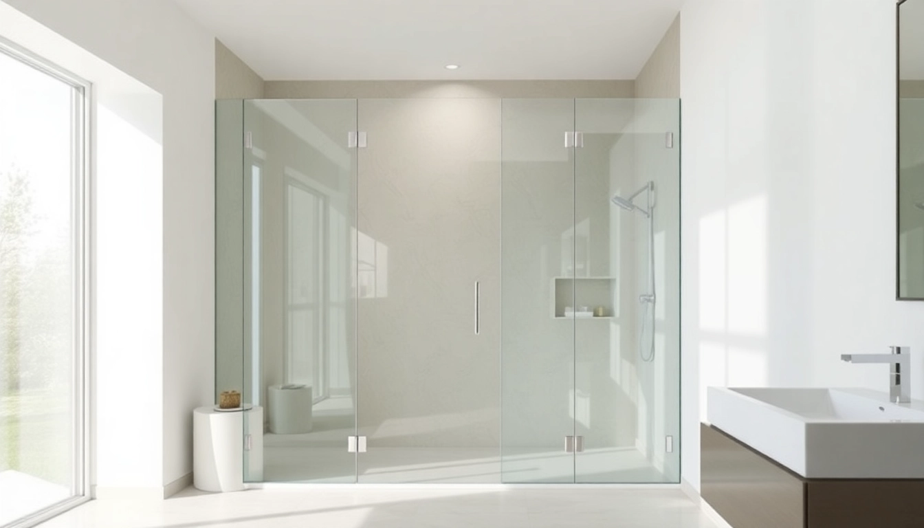 Showcase elegant frameless glass shower enclosure highlighting modern bathroom design.
