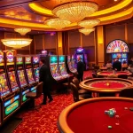 Exciting scene of idn slot gaming with vibrant slot machines and poker tables in a luxurious casino atmosphere.