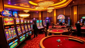 Exciting scene of idn slot gaming with vibrant slot machines and poker tables in a luxurious casino atmosphere.