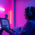 Engaging interaction in a character ai nsfw setting with vibrant digital ambiance.