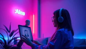 Engaging interaction in a character ai nsfw setting with vibrant digital ambiance.