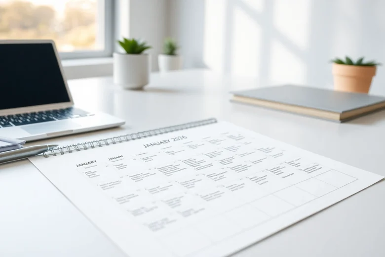 Downloadable 2026 calendar PDF showcased on a modern workspace.