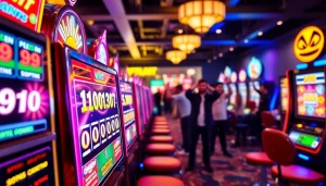 Menangkan slot depo 1000 dengan layar jackpot cerah dan pemain yang merayakan kemenangan.