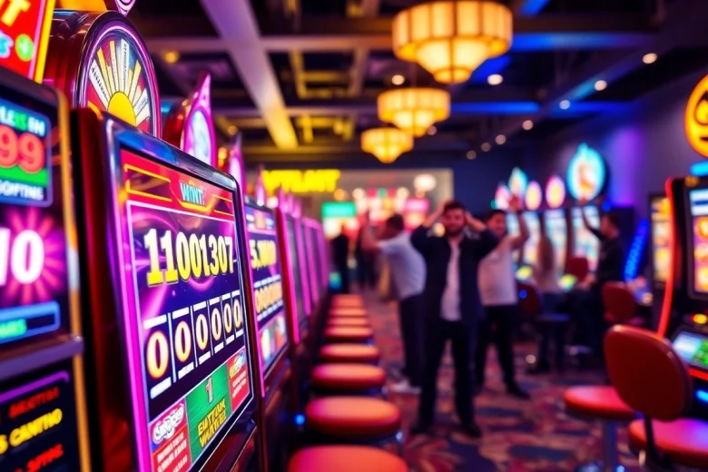 Menangkan slot depo 1000 dengan layar jackpot cerah dan pemain yang merayakan kemenangan.