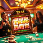 Players engaging with the TR88 nổ hũ slot machine, showcasing excitement and inviting casino ambiance.