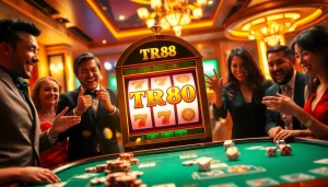 Players engaging with the TR88 nổ hũ slot machine, showcasing excitement and inviting casino ambiance.