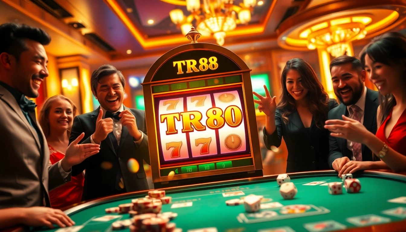 Players engaging with the TR88 nổ hũ slot machine, showcasing excitement and inviting casino ambiance.